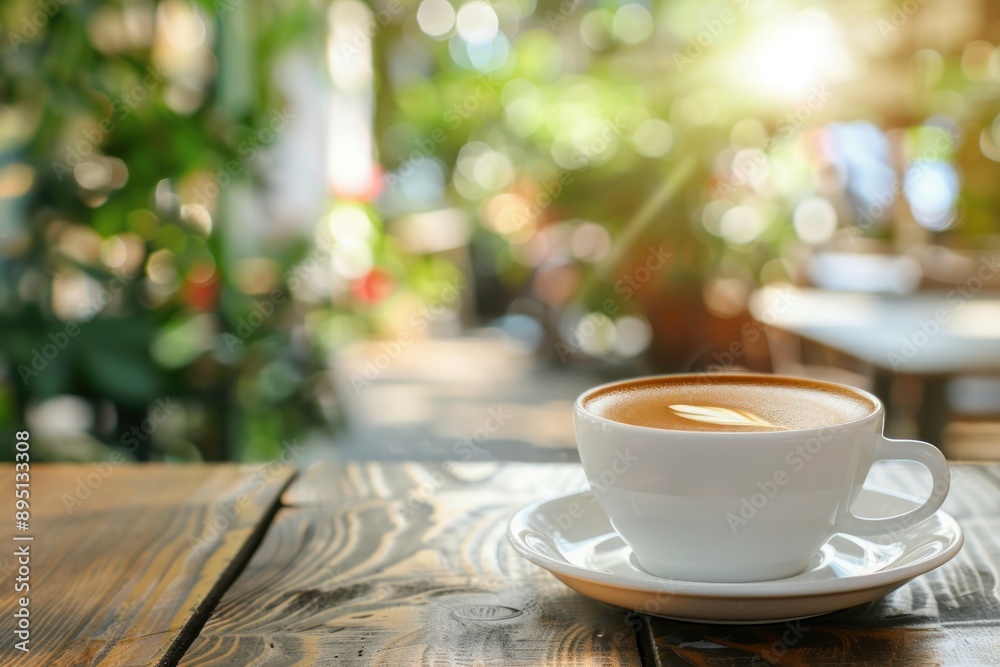 Obraz premium a cup of coffee on the table of a coffee shop against the backdrop of a summer cafe, blurred background