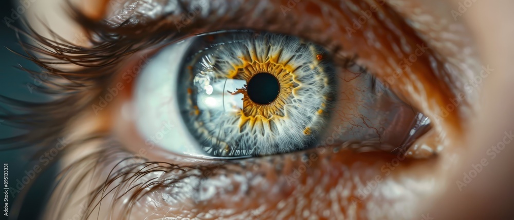 A tight shot of an eye, displaying a yellow and blue iris at its core A tight shot of an eye, displaying a yellow and blue iris at its core