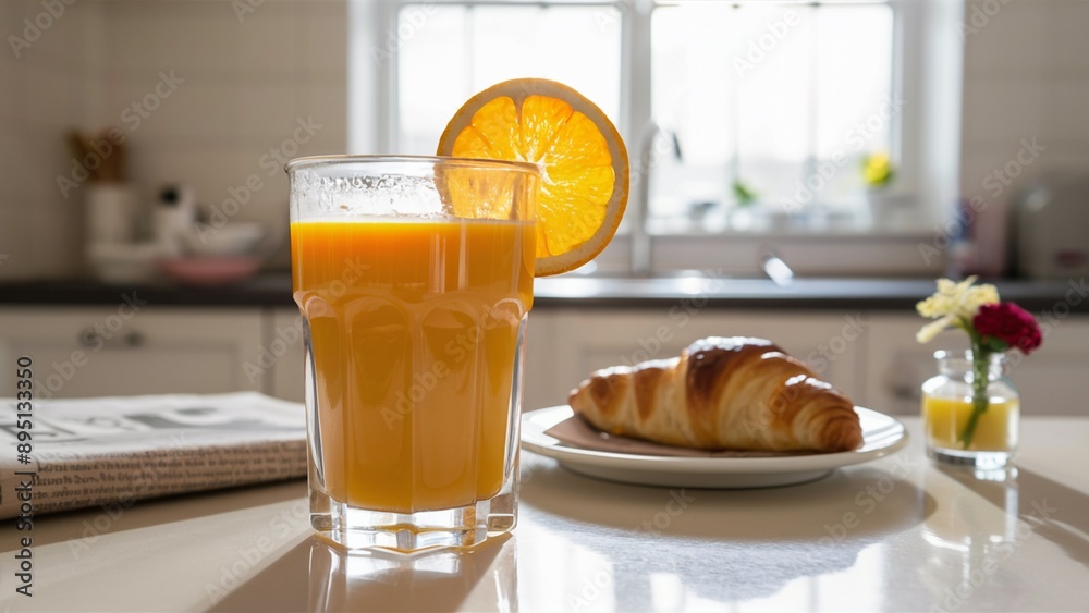 Glass of fresh orange juice with breakfast on a sunny morning Glass of fresh orange juice with breakfast on a sunny morning