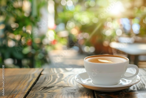 a cup of coffee on the table of a coffee shop against the backdrop of a summer cafe, blurred background