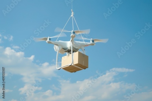 A drone carrying a package ready for delivery on blue sky background