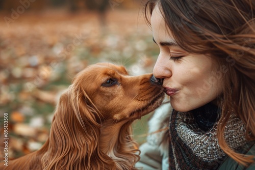 A dog owner getting a sloppy kiss from their affectionate pup on a lazy afternoon