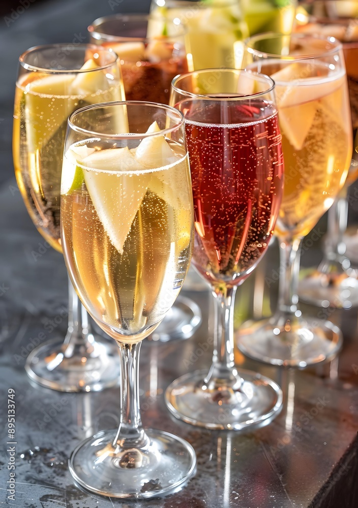 Sparkling Wine with Apple Slices in Glasses Sparkling Wine with Apple Slices in Glasses