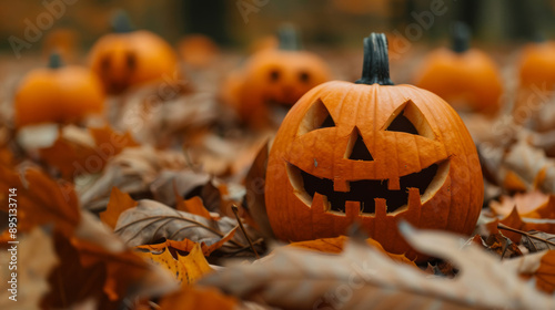 Carving pumpkins using natural and biodegradable tools, surrounded by autumn leaves, sustainable Halloween spirit  photo