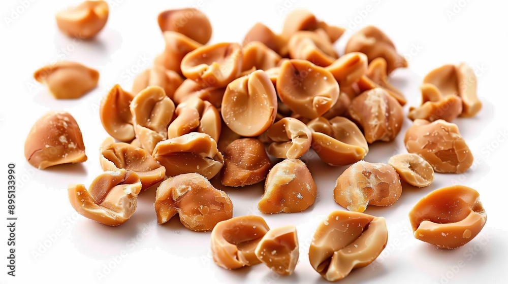 Close-up of roasted, salted peanuts scattered on a white background Close-up of roasted, salted peanuts scattered on a white background