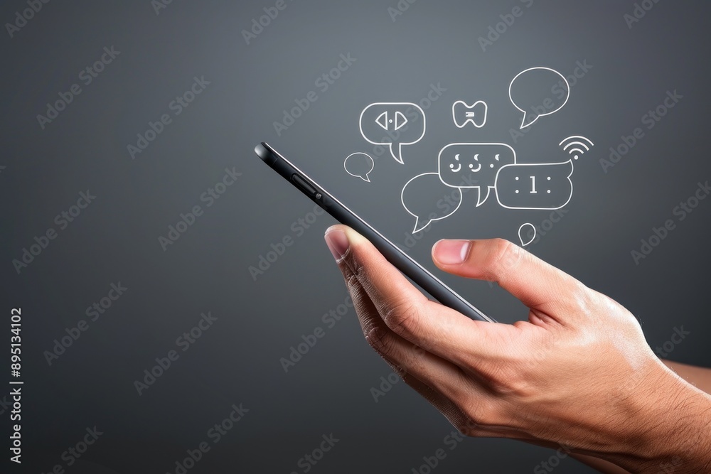 A hand holding a smartphone with speech bubble icons floating above the screen, representing text messaging A hand holding a smartphone with speech bubble icons floating above the screen, representing text messaging