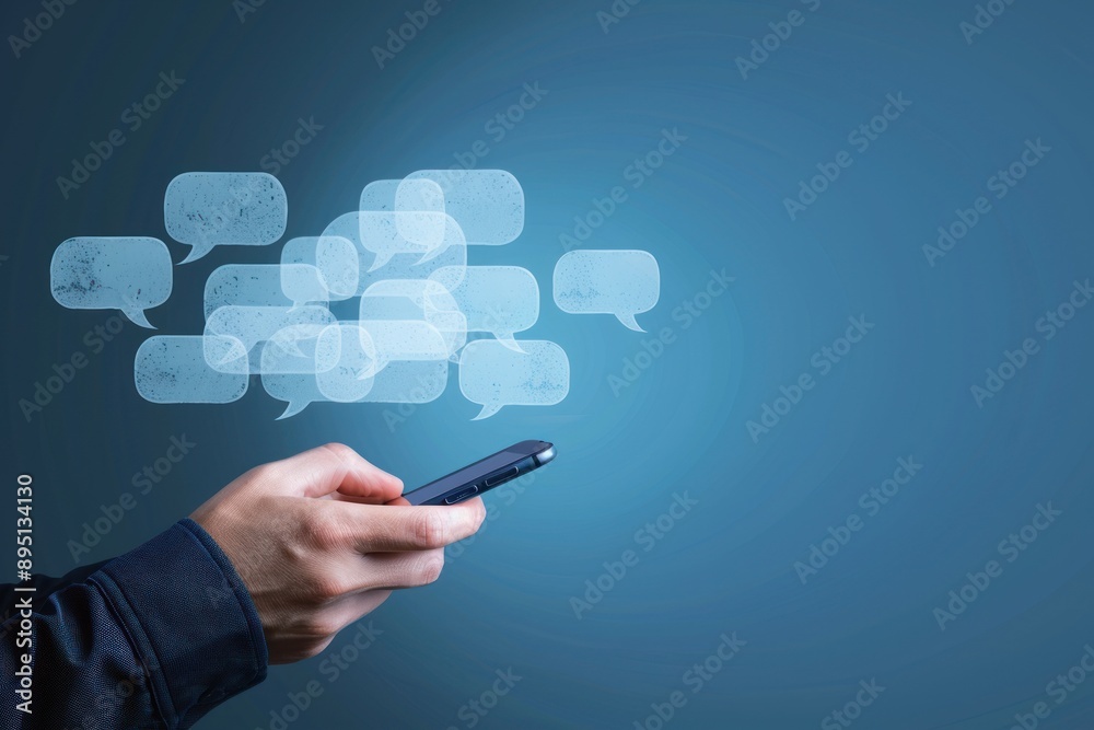 A hand holding a smartphone with speech bubble icons floating above the screen, representing text messaging A hand holding a smartphone with speech bubble icons floating above the screen, representing text messaging