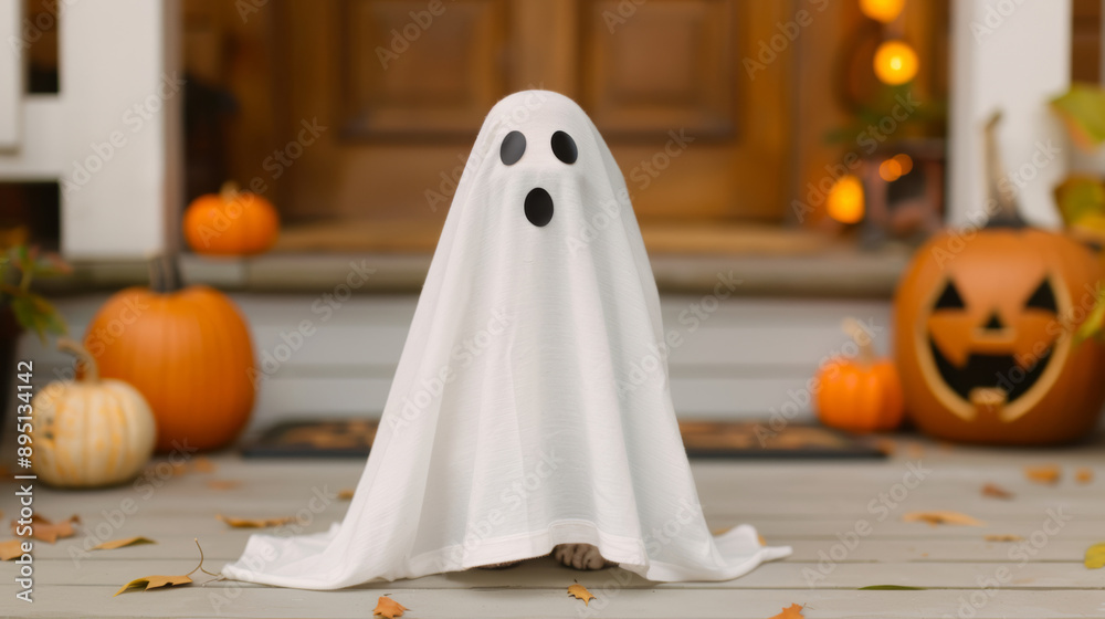 Cat in a ghost costume, with a white sheet and cut-out eye holes, sitting on a decorated porch with pumpkins and Halloween lights Cat in a ghost costume, with a white sheet and cut-out eye holes, sitting on a decorated porch with pumpkins and Halloween lights