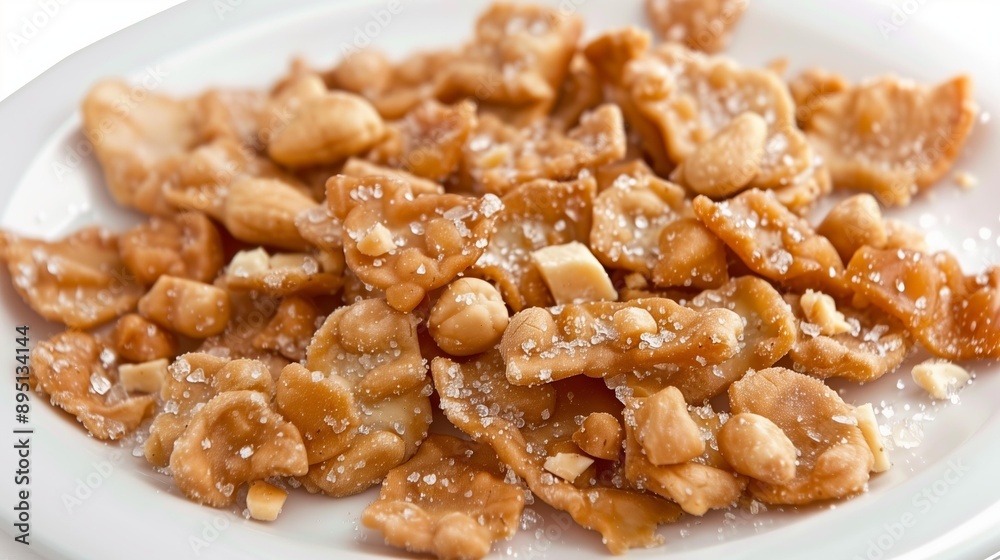 Close-up of crunchy homemade peanut brittle arranged on a white plate, sprinkled with coarse sea salt. Close-up of crunchy homemade peanut brittle arranged on a white plate, sprinkled with coarse sea salt.