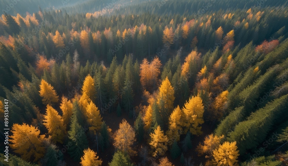 Aerial view of dense forest with vibrant autumn colors Aerial view of dense forest with vibrant autumn colors