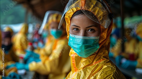 A Woman in Protective Gear Looks Directly at the Camera While Standing With Others © jul_photolover