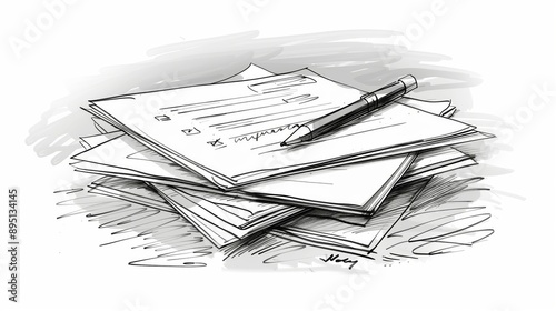Illustration of a Stacked Papers with a Pen on Top