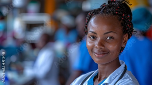 Young Woman Smiles at Camera While Working in a Busy Healthcare Facility © jul_photolover