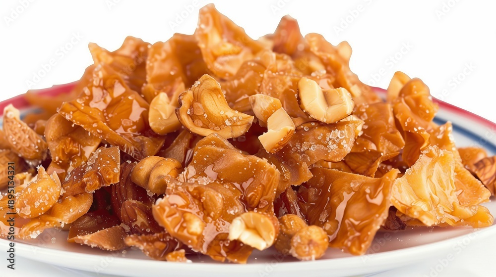 Close-up of delicious caramel nut brittle with cashew pieces on a white plate, perfect for a sweet treat or holiday gift. Close-up of delicious caramel nut brittle with cashew pieces on a white plate, perfect for a sweet treat or holiday gift.