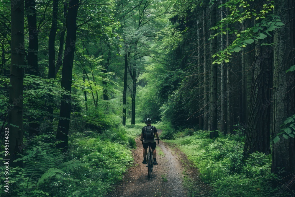 A Lone Cyclist Exploring the Enchanting Depths of a Lush Green Forest A Lone Cyclist Exploring the Enchanting Depths of a Lush Green Forest