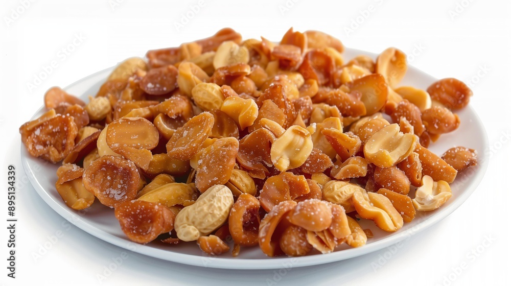 Close-up of a white plate filled with golden, salted roasted peanuts and peanut halves.