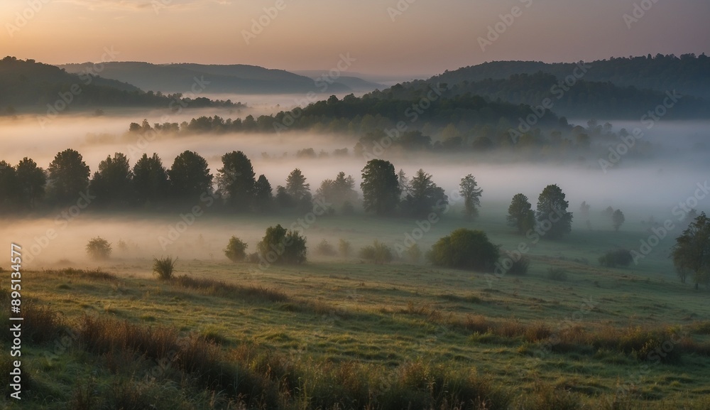 Fototapeta premium Misty dawn over hill landscape with trees and valleys.