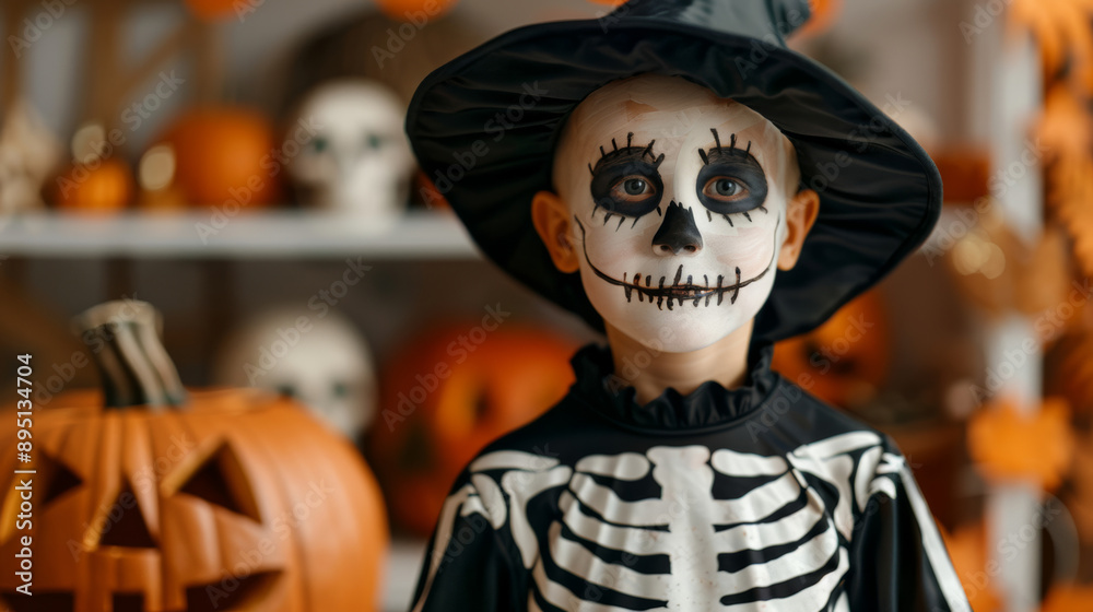 Child in a skeleton costume, standing next to a carved pumpkin with a spooky face, surrounded by Halloween decorations Child in a skeleton costume, standing next to a carved pumpkin with a spooky face, surrounded by Halloween decorations