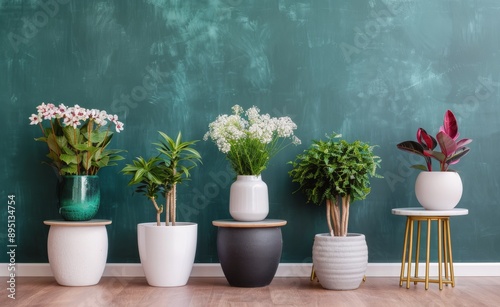 Plants on Wooden Shelves Against Teal Wall