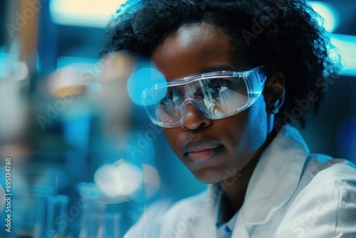 A person wearing a lab coat and safety goggles, working with advanced laboratory equipment