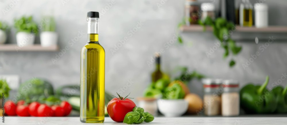 Close-up of a bottle of grape seed oil on a kitchen counter, surrounded by fresh ingredients, ready for cooking Close-up of a bottle of grape seed oil on a kitchen counter, surrounded by fresh ingredients, ready for cooking