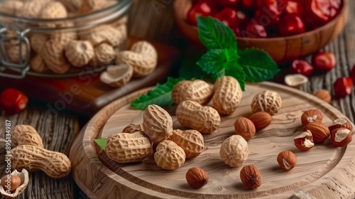 Assorted nuts and cherries arranged on a wooden table, highlighting healthy and natural snacks.