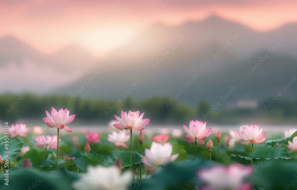 Obraz premium Pink Lotus Flower Field at Sunrise