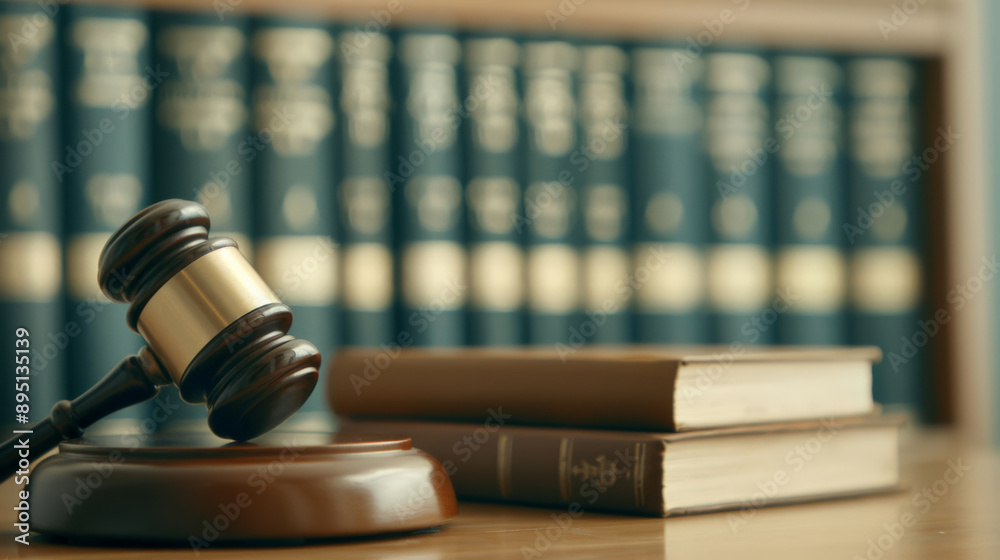 Close-up of a gavel and law books on a desk, Supreme Court building in the background Close-up of a gavel and law books on a desk, Supreme Court building in the background
