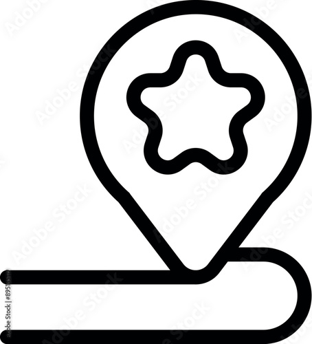 Black outline icon of a location pin pointing a star on a map, ideal for travel and tourism content