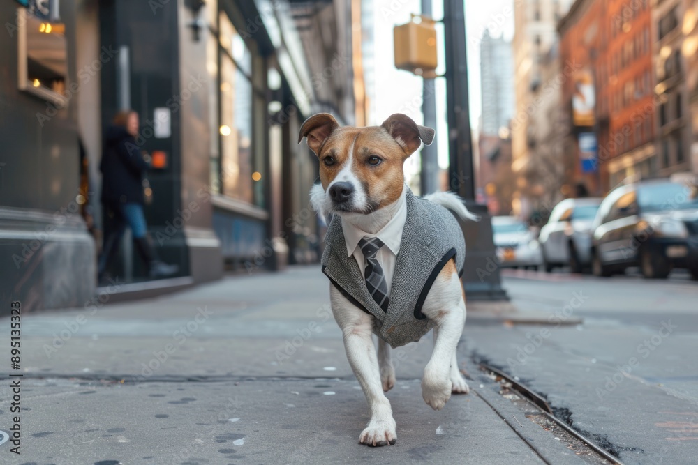 a stylish dog wearing a suit and tie walking on a city sidewalk