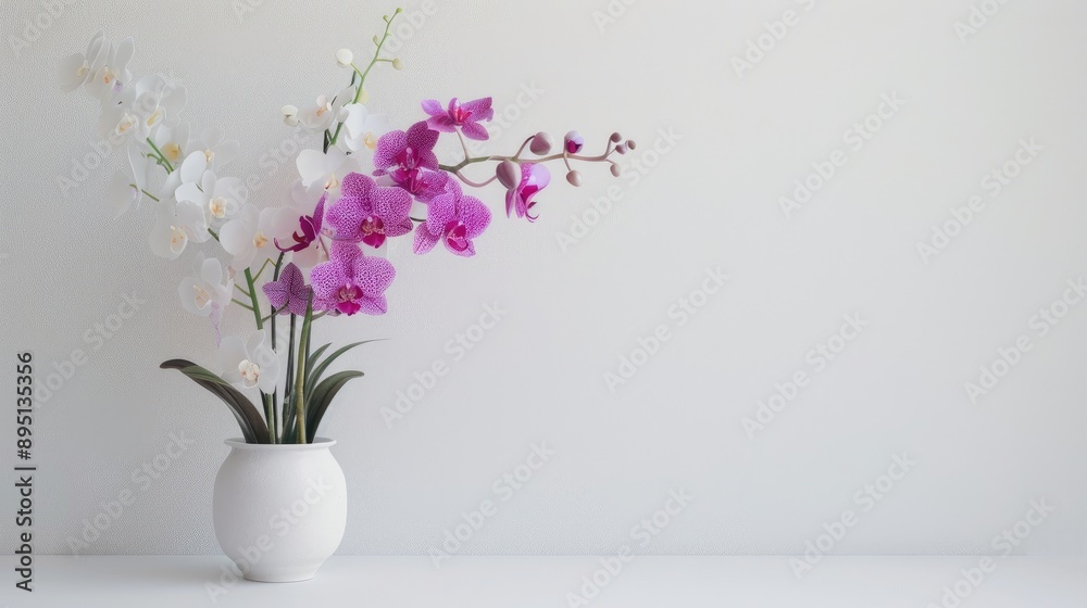 Purple and white Orchids bouquet in vase against white wall mockup for text Mother s Day Dendrobium Banner Template Purple and white Orchids bouquet in vase against white wall mockup for text Mother s Day Dendrobium Banner Template