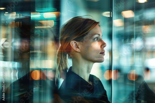 A businesswoman in a modern glass office, standing and looking out the window, with reflections of the office