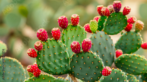 Obraz na plátne Close-up of a vibrant green prickly pear cactus with ripe, red fruits, surrounde