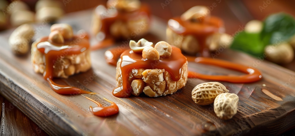Gourmet salted caramel nut clusters on a rustic wooden platter with flowing caramel sauce. Gourmet salted caramel nut clusters on a rustic wooden platter with flowing caramel sauce.