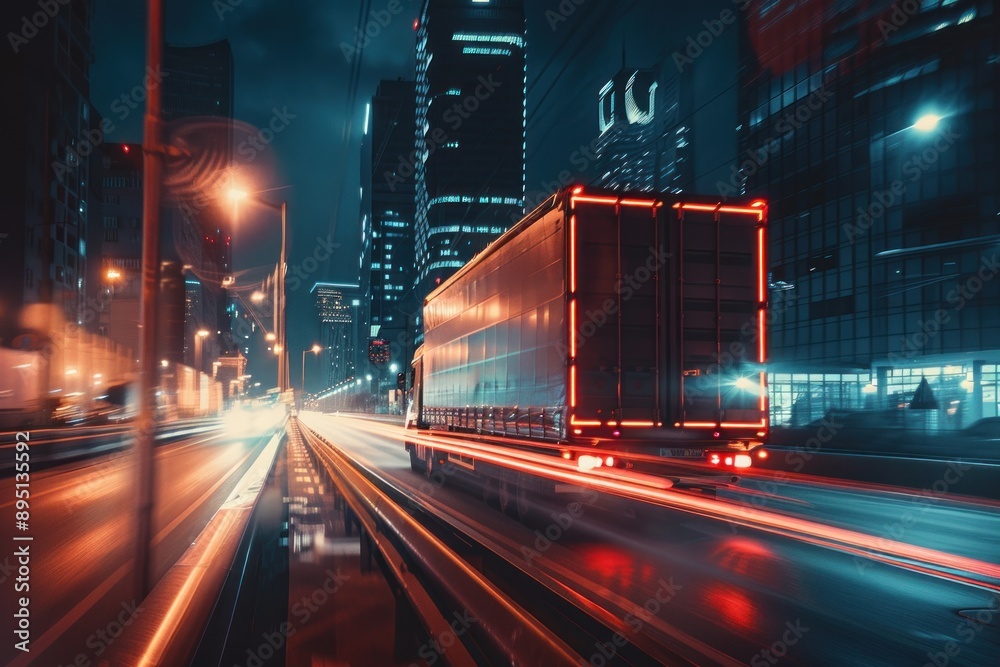 Fototapeta premium A truck speeding in the city at night with taillights giving a speed impression