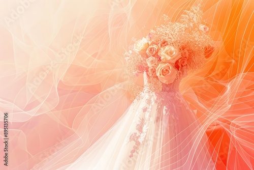 a wedding dress and bridal flowers bouquet, marriage gown, generative ai illustration on neutral soft background