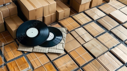Two vinyl records placed among numerous cardboard boxes and parcels, symbolizing the revival of vintage music.