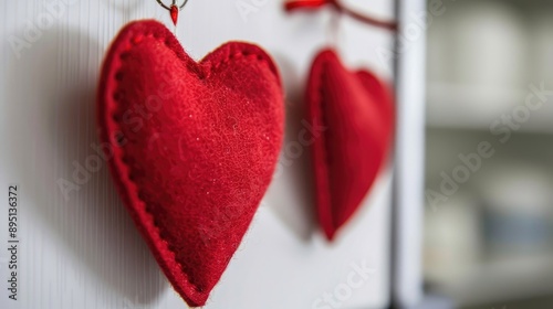 DIY red felt heart magnets on refrigerator with white kitchen background Valentine s Day home decor Text space available photo