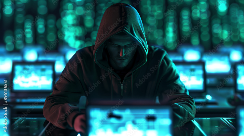 Cybercrime scene with data being stolen, multiple devices, hacker wearing a hoodie, dark and tense environment Cybercrime scene with data being stolen, multiple devices, hacker wearing a hoodie, dark and tense environment