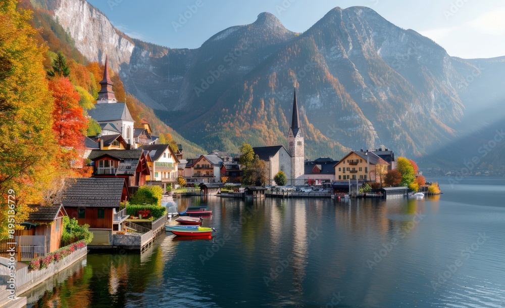 Fototapeta premium Autumn View of Hallstatt Village in Austria