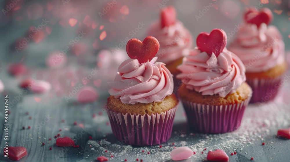 Three Cupcakes with Pink Frosting and Hearts Three Cupcakes with Pink Frosting and Hearts