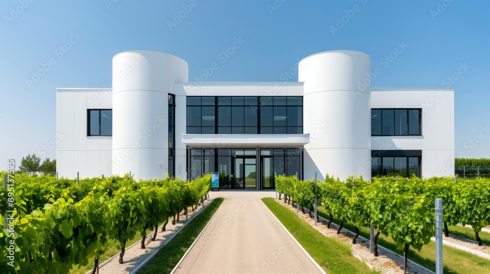 Fototapeta premium Exterior of a modern grape seed oil factory, large facility surrounded by vineyards, clean and professional design 