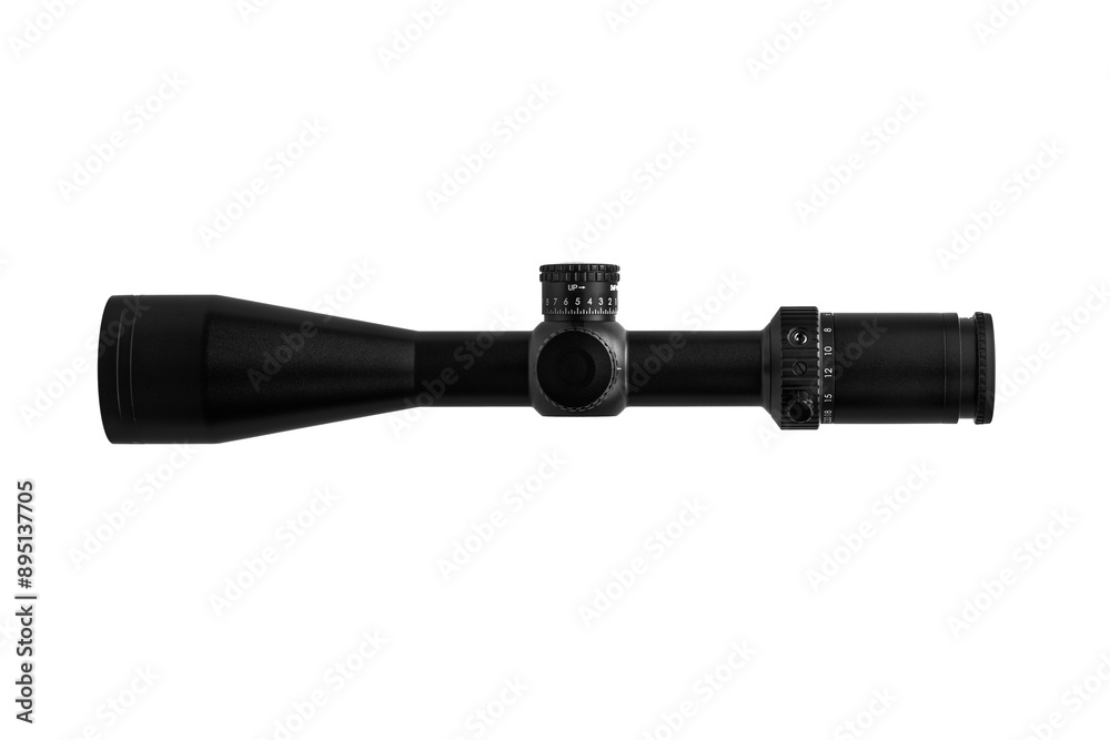 Modern sniper scope on a white back. Optical device for aiming and shooting at long distances. Modern sniper scope on a white back. Optical device for aiming and shooting at long distances.