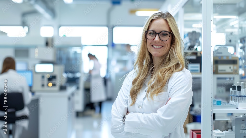 Confident Female Scientist in Modern Laboratory - A confident female scientist in a white lab coat with arms crossed, standing in a modern laboratory setting. Confident Female Scientist in Modern Laboratory - A confident female scientist in a white lab coat with arms crossed, standing in a modern laboratory setting.