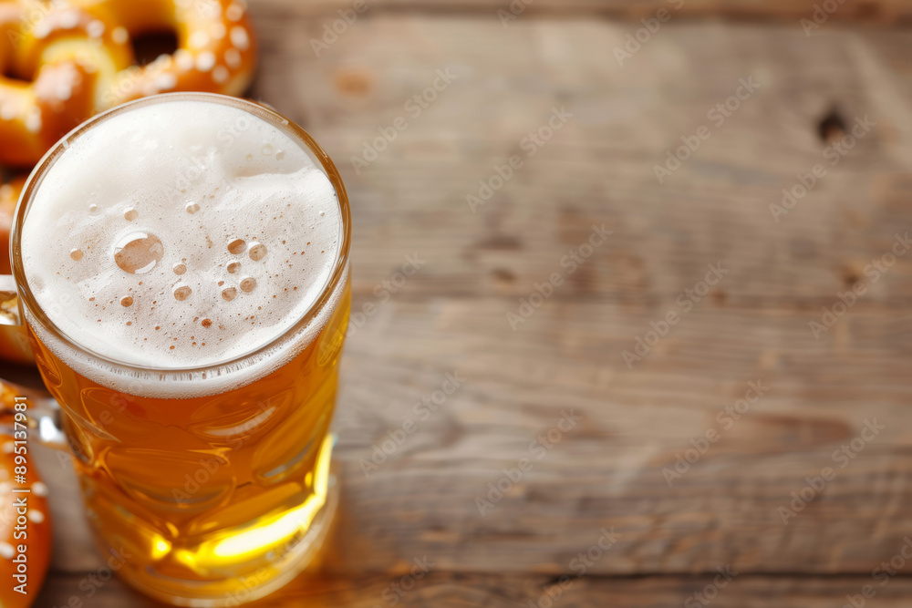 Frothy beer in a traditional stein perfectly complemented by a Bavarian pretzel celebrates Oktoberfest in Munich background with empty space for text Frothy beer in a traditional stein perfectly complemented by a Bavarian pretzel celebrates Oktoberfest in Munich background with empty space for text