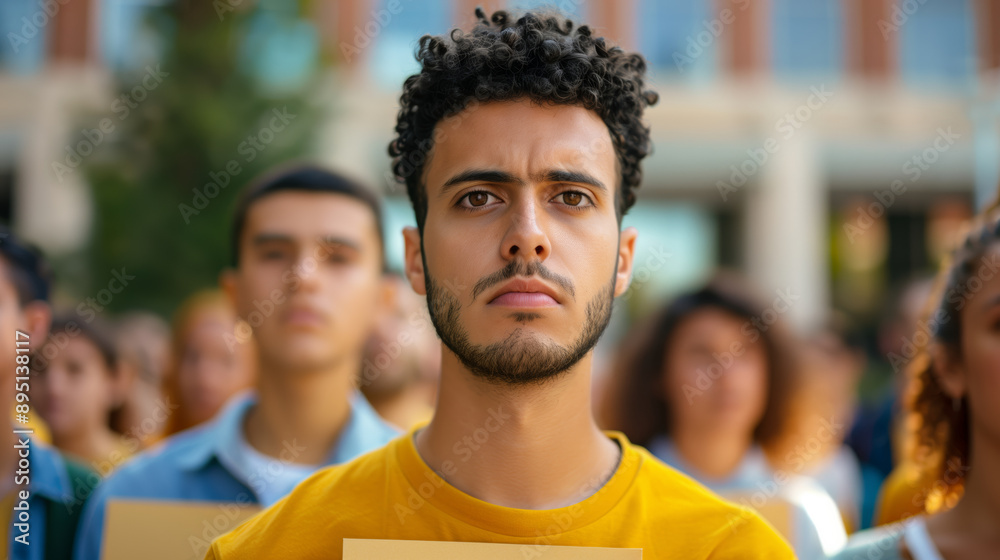 Group of students holding speech freedom signs on a university campus, determined faces, academic buildings in the background Group of students holding speech freedom signs on a university campus, determined faces, academic buildings in the background