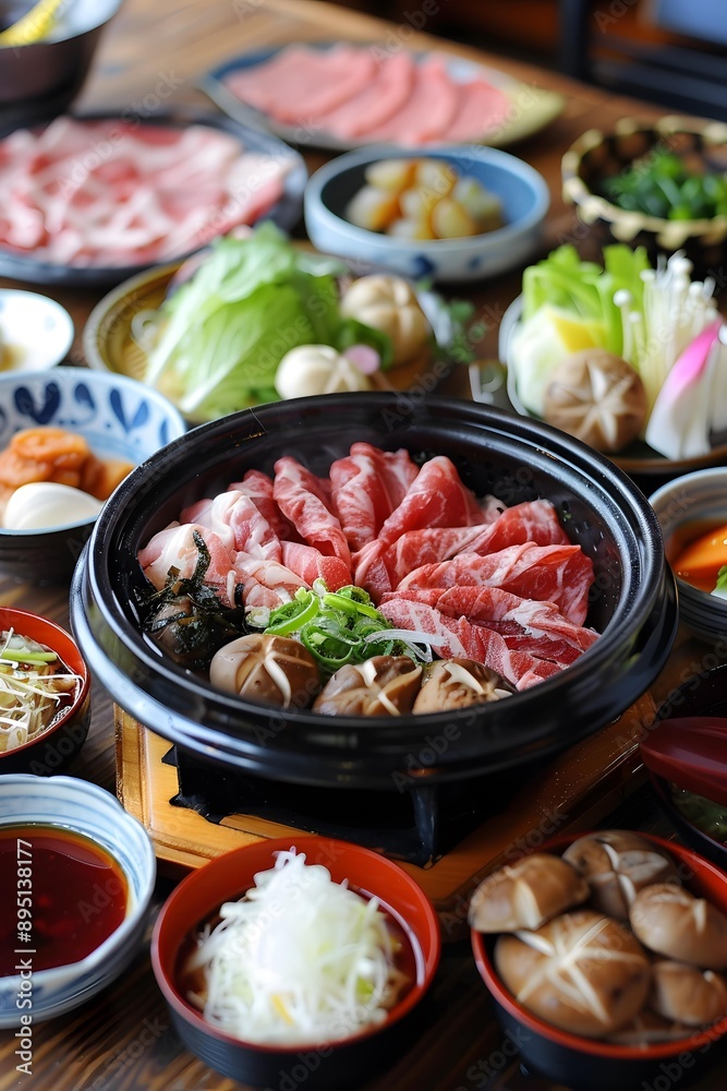 Japanese Hot Pot with Beef, Mushrooms, and Vegetables