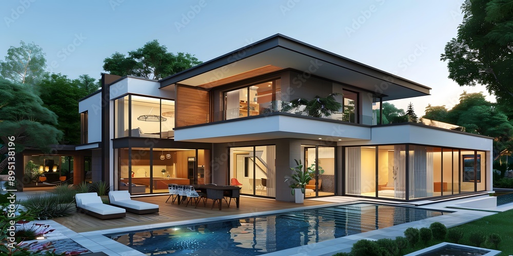 Fototapeta premium Modern House with Swimming Pool and Patio Design