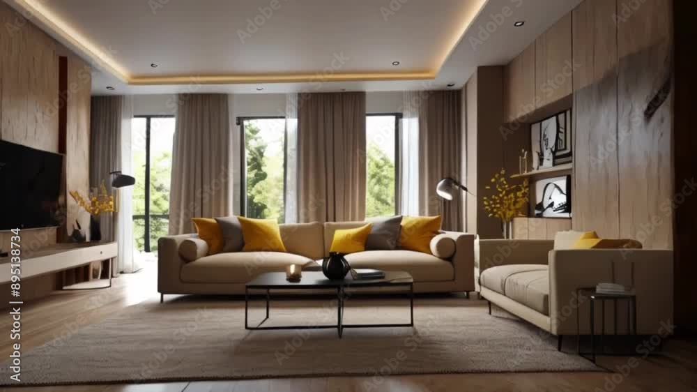 Video 4K modern room interior design and decoration with beige color fabric sofa yellow pillows. 3d rendering living and dining fully furnished condominium. Video 4K modern room interior design and decoration with beige color fabric sofa yellow pillows. 3d rendering living and dining fully furnished condominium.