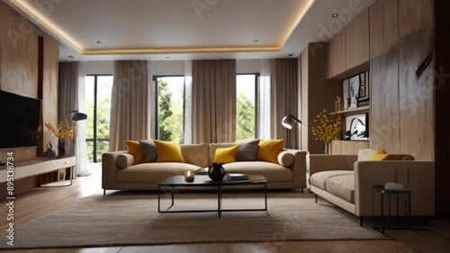 Video 4K modern room interior design and decoration with beige color fabric sofa yellow pillows. 3d rendering living and dining fully furnished condominium. photo